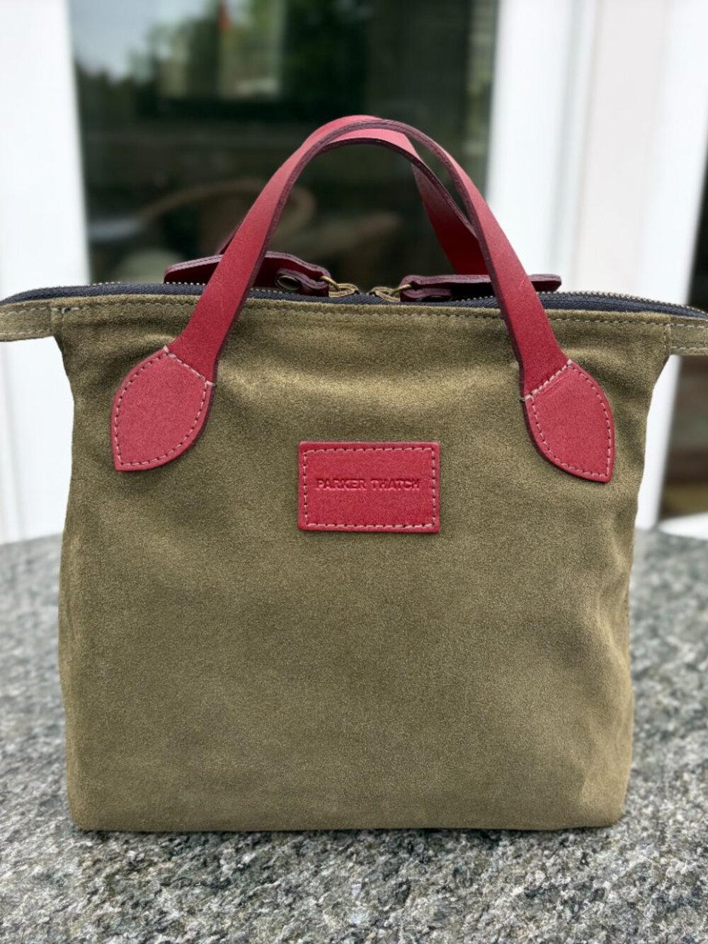 Parker Thatch Small Charlie in Olive Green Suede and Burgundy Leather Trim EUC